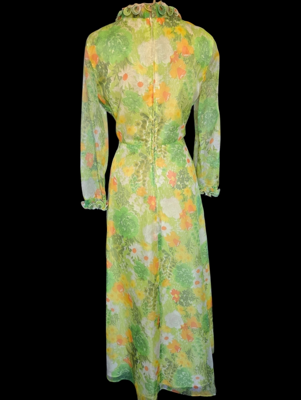 VTG 60s Mod Hippie Dress Long Chiffon Green Daisy Floral Formal Hostess Gown - Picture 8 of 11